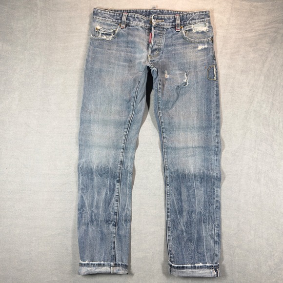 Dsquared2 Selvedge Jeans Mens 34x34 Distressed Faded Whiskered Leaf Embroidered